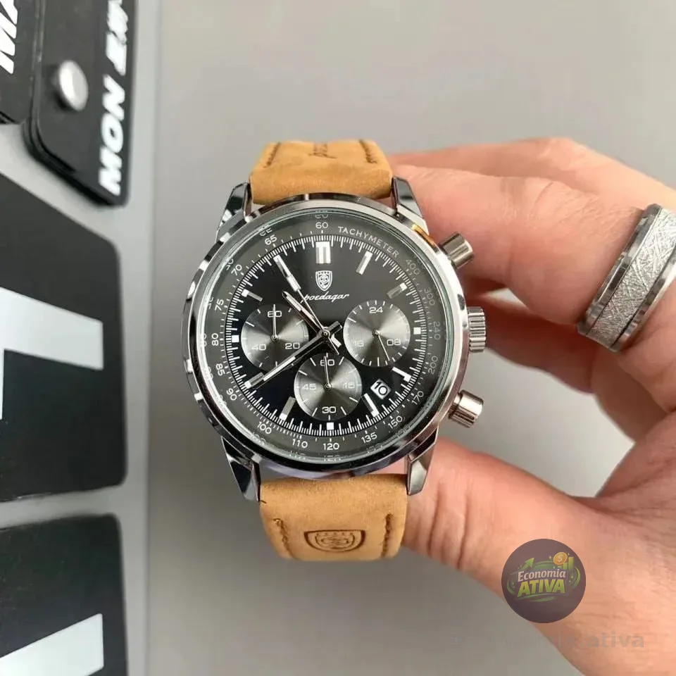 Relógio Luxo Poedagar Masculino Pulseira Em Couro Funcional
