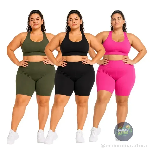 Kit 3 Conjunto Top Short Academia Plus Size Feminino