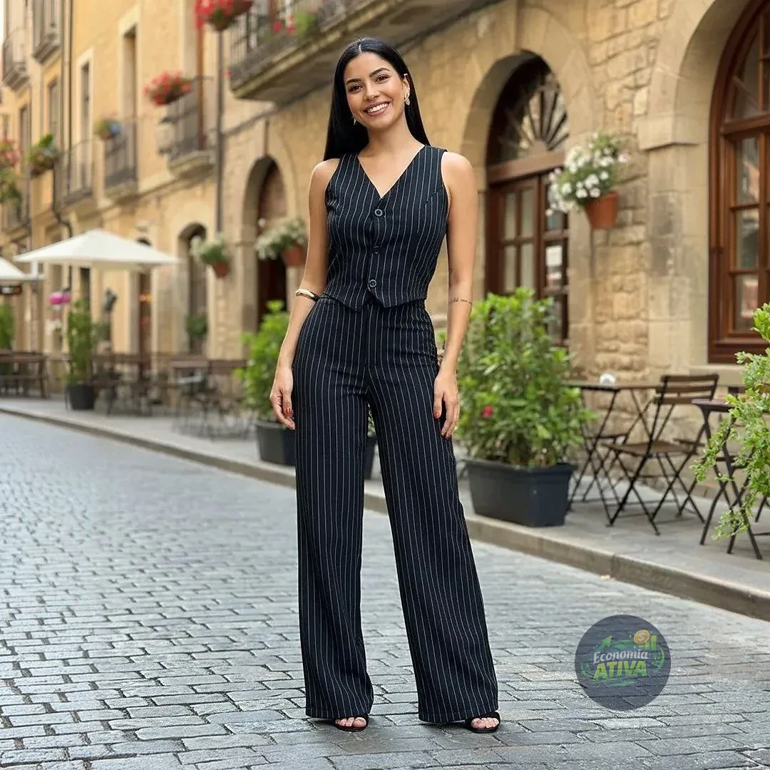 Conjunto Alfaiataria Social Risca De Giz Feminino Elegante