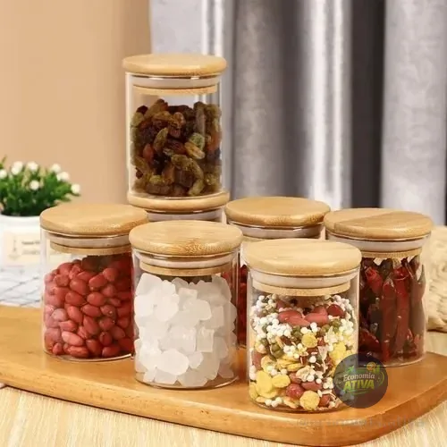 Kit 6 Pote Vidro Porta Temperos Hermético Cozinha Organiza Vidro/tampa De Bambu