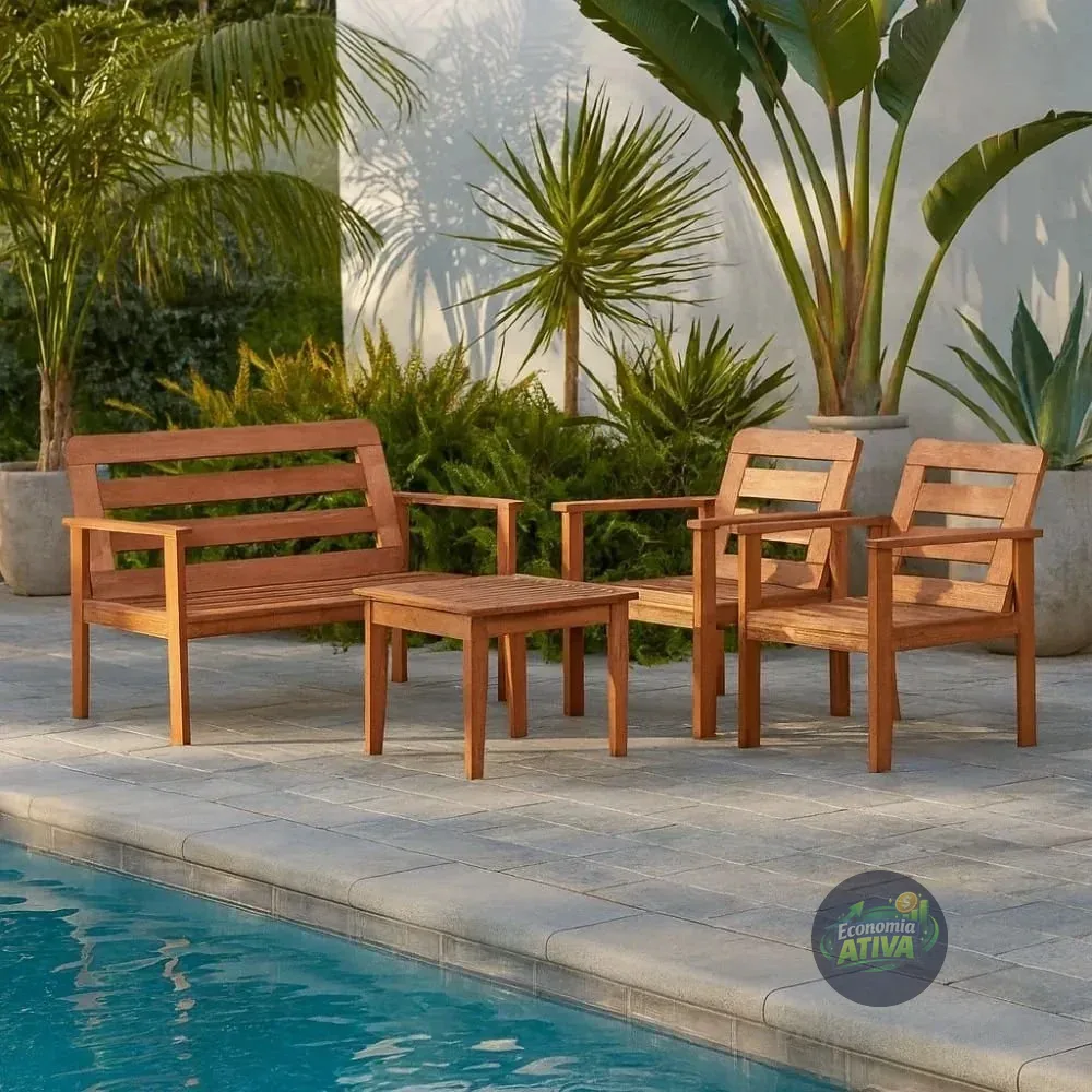 Conjunto Yescasa Jardim 1 Sofá 2 Poltronas E Mesa Madeira