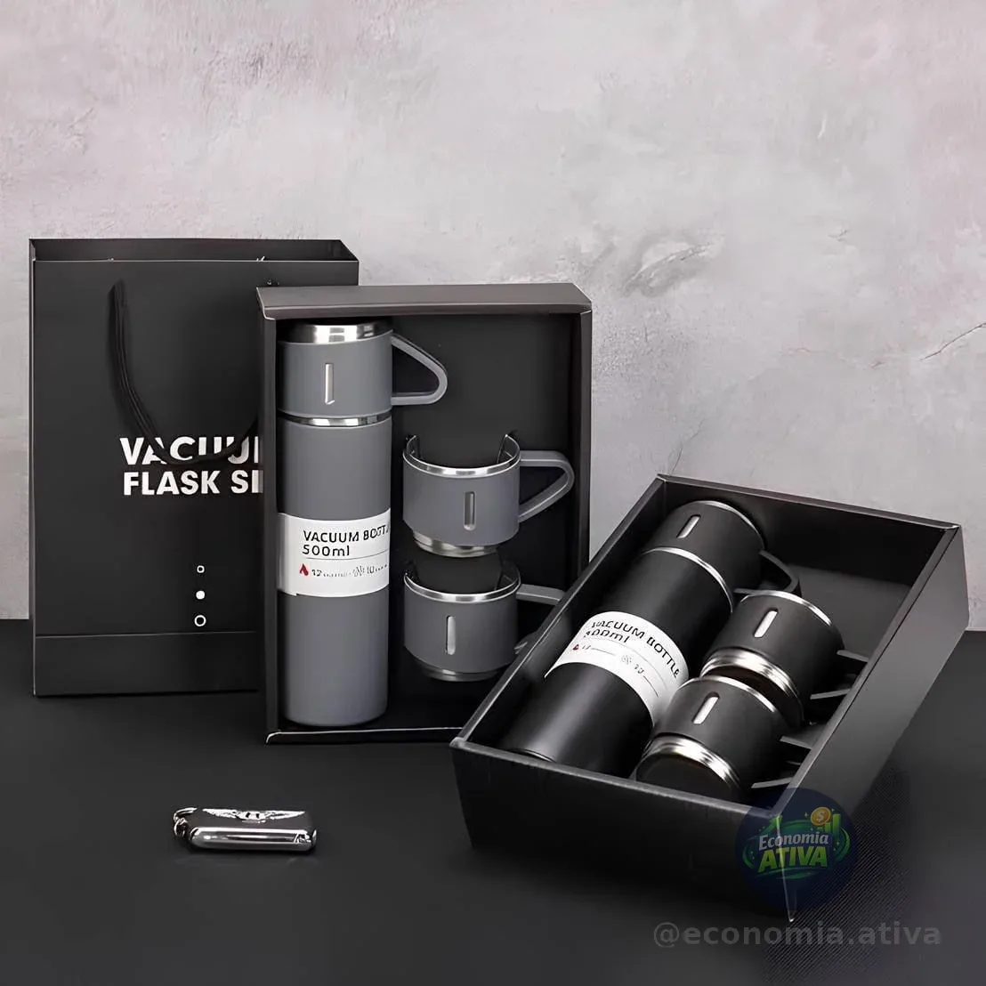 Garrafa Térmica 500ml Em Inox Com Kit 3 Xícara Café Preto Preto