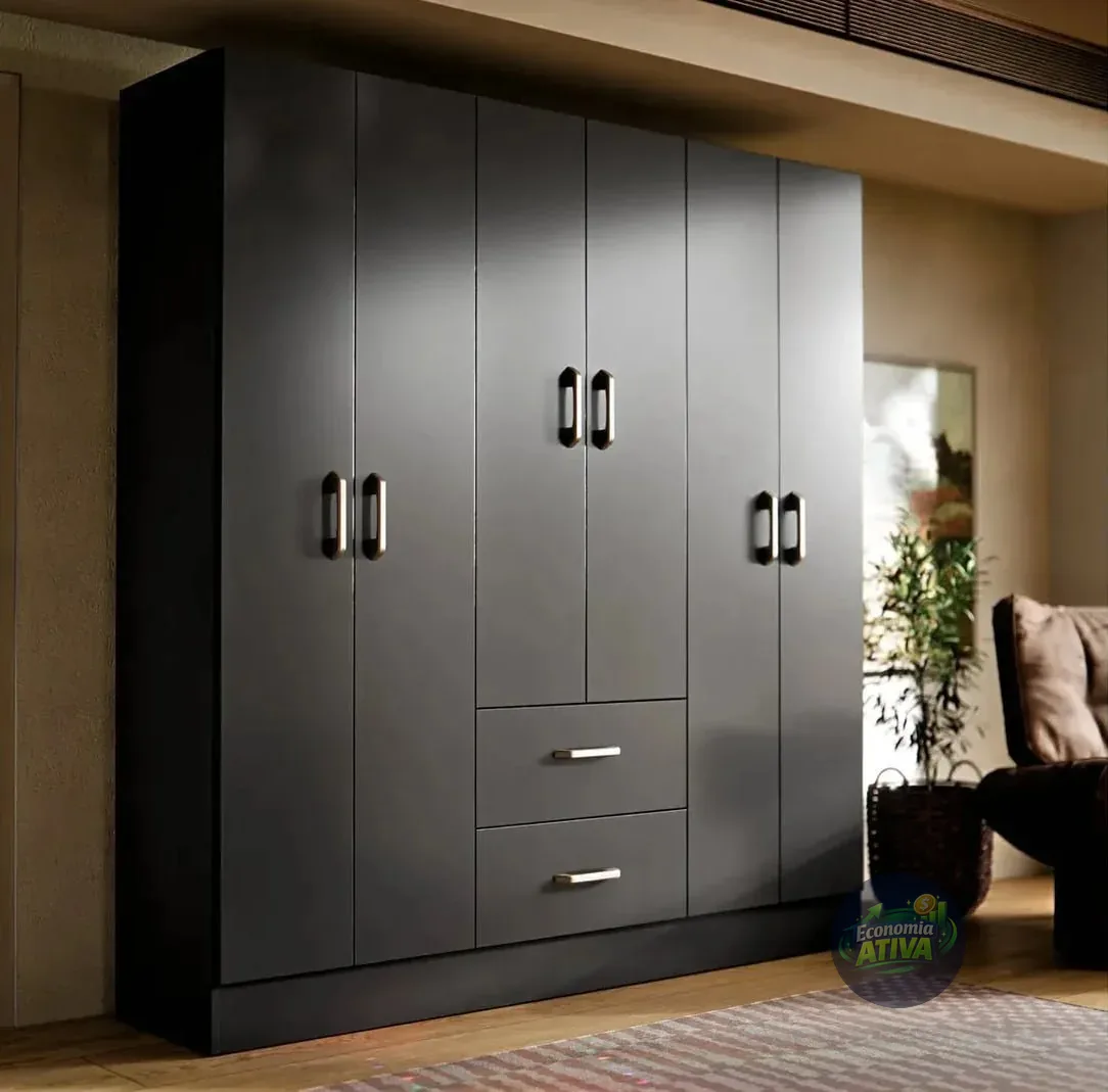 Guarda Roupa Casal 6 Portas 2 Gavetas Jamaica Roupeiro Grande Para Quarto Organizador De Roupas Com Cabideiros E Prateleiras Armário Multiuso Moderno Cor Preto
