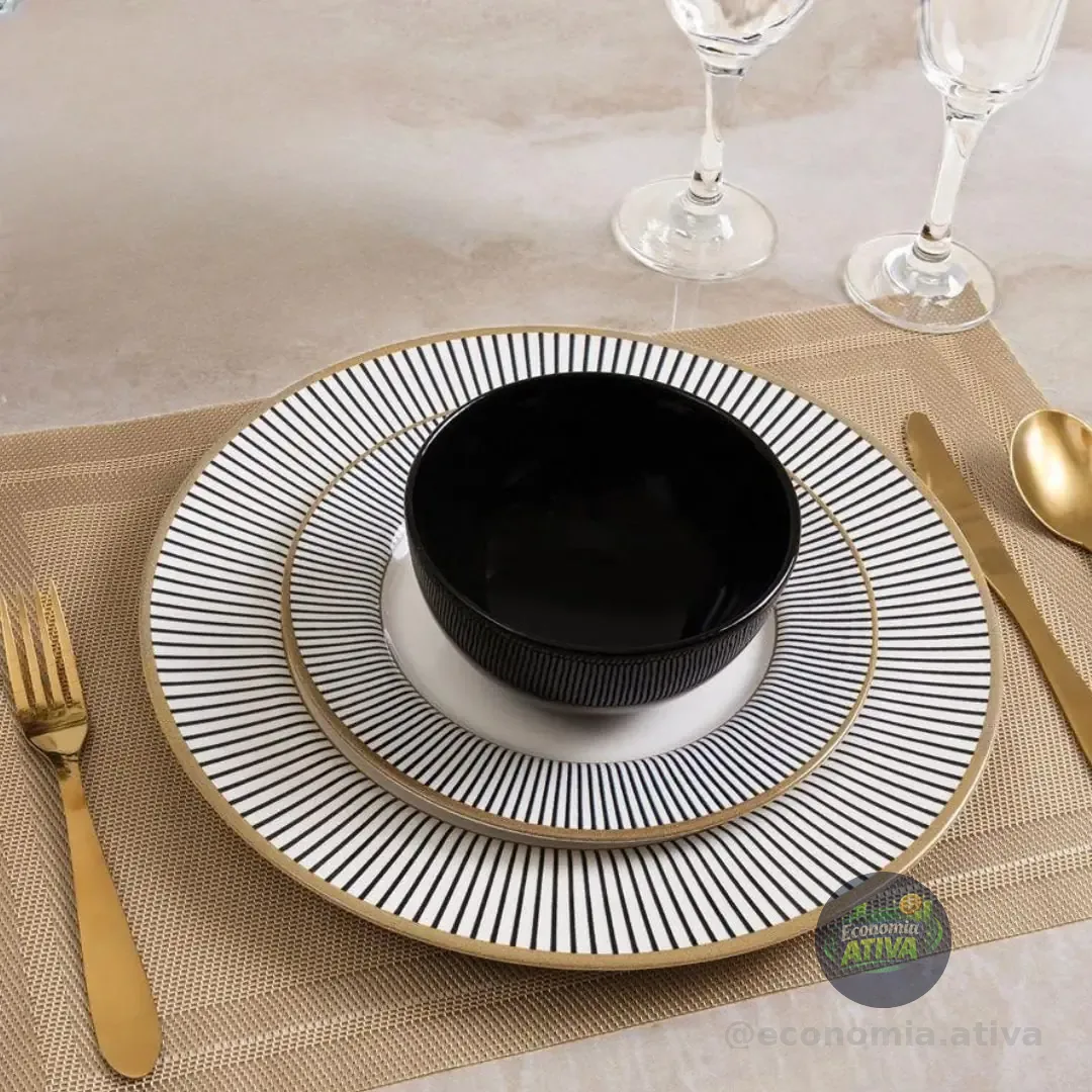 Aparelho de Jantar 12 Peças Alleanza Cerâmica Branco e Preto Redondo Ritz