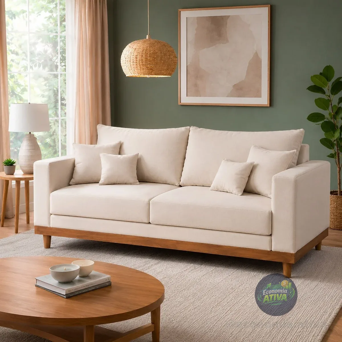 Sofá Living 3 Lugares Suede Resistente Madeira + Almofadas