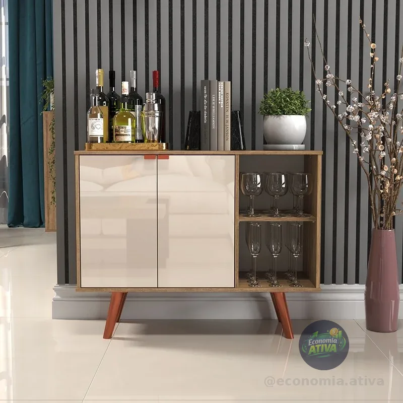 Aparador Buffet Balcão 2 Portas e 2 Nichos Retrô para Sala de Jantar Cantinho do Café