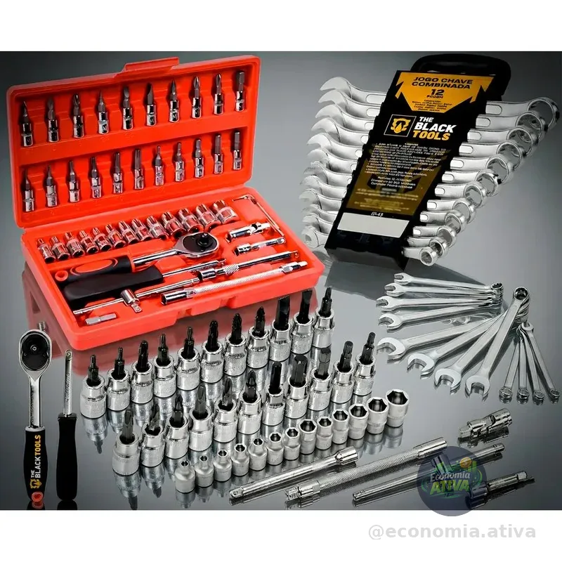 Kit Soquetes Com Catraca 46 Peças + Jogo 12 Chaves + Maleta Vermelho/preto/cromado