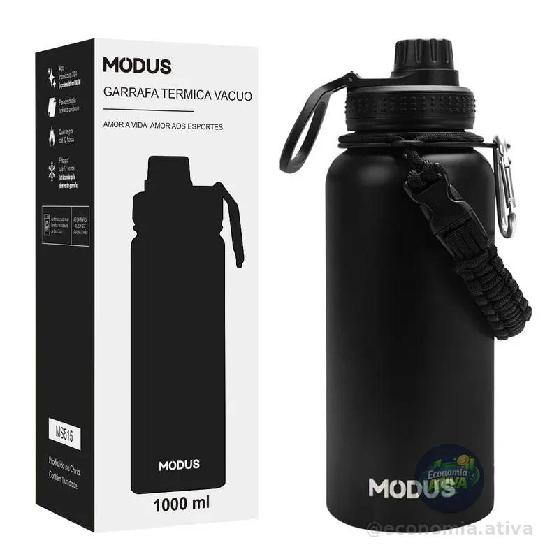 Garrafa Térmica Esportiva De Aço Inoxidável Com Isolamento A Vácuo 1000ML Preto