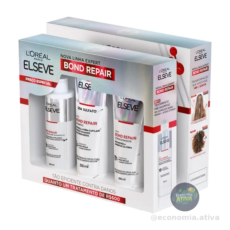L'Oréal Paris Elseve Bond Repair Kit Tratamento Completo Reparação Molecular com Ácido Cítrico, Reconstrói Ligações e Devolve Força aos Cabelos Danificados (Pré-Shampoo + Shampoo + Condicionador)