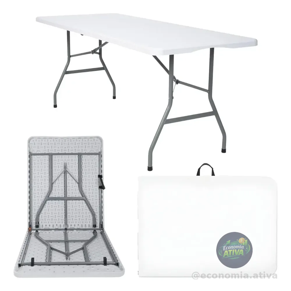 Mesa Dobravel Camping Maleta Portatil 1.80m Com Alça Jardim Branco