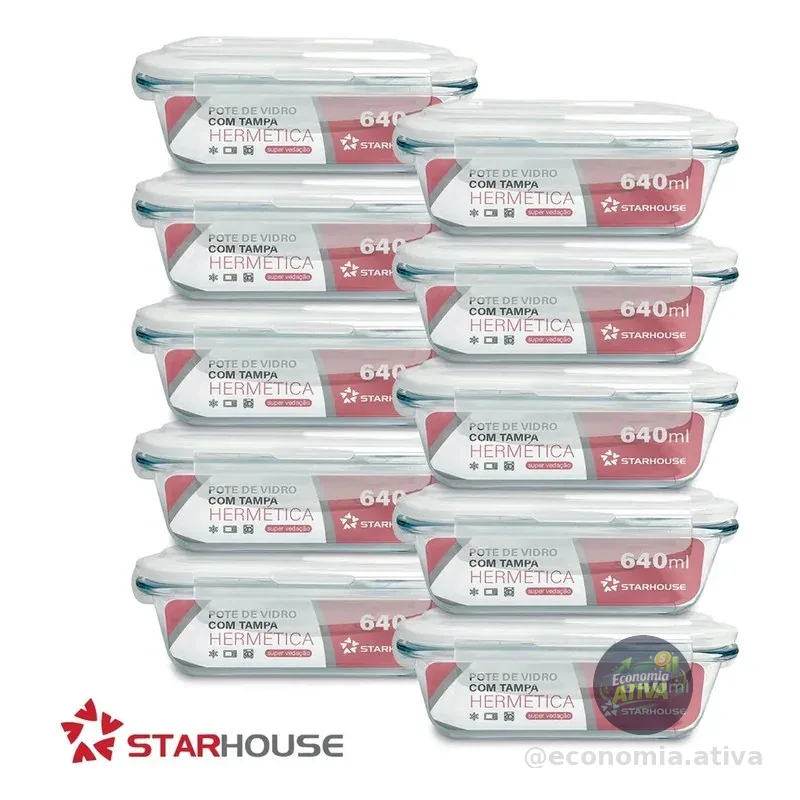 Kit 10 Potes Herméticos Vidro 640ml Starhouse Marmita Forno Micro-ondas