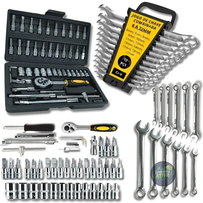 Jogo de Soquetes e Chaves Combinadas 58 Peças Aço Cr-V 6-22mm com Catraca e Maleta Organizadora Kit Jogo Ferramentas Completo para Mecânica e Uso Doméstico
