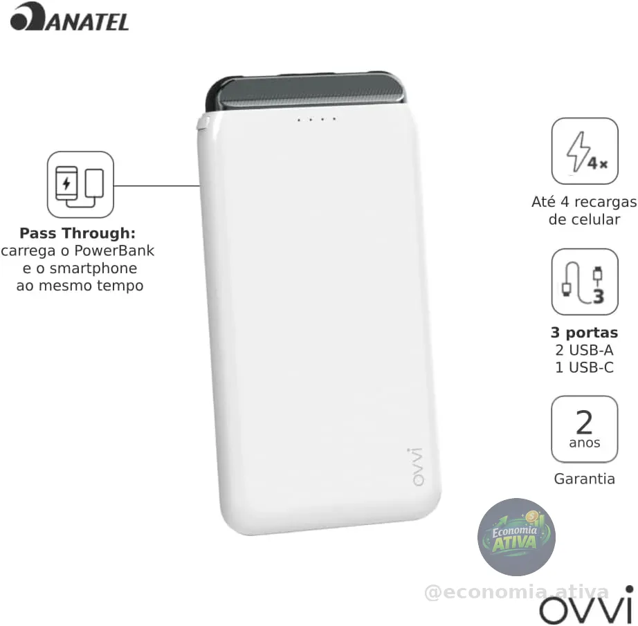 Carregador Portátil Power Bank 12.000 mAh Ovvi Branco