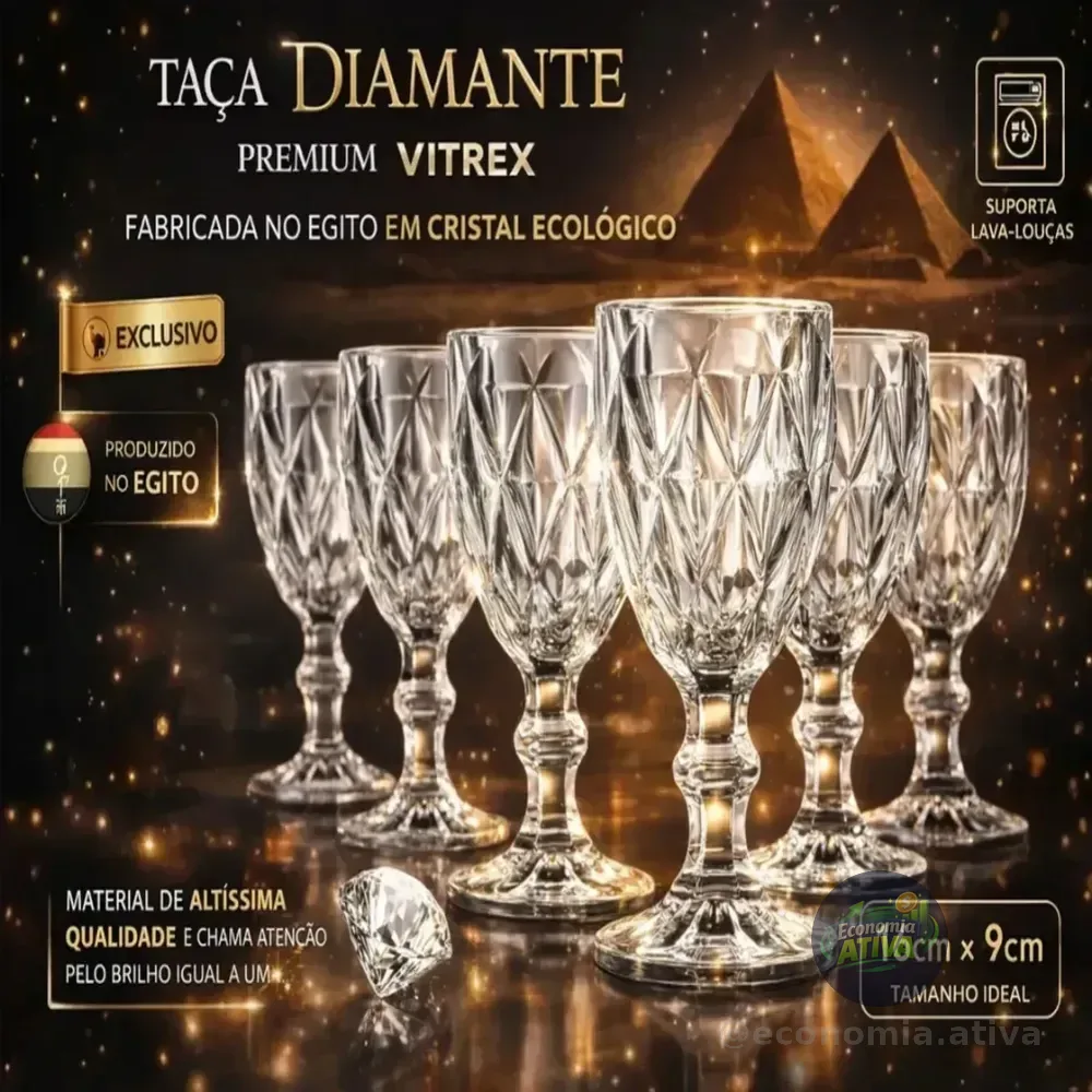 Jogo 6 Taças De Cristal 340ml Diamond Transparente Lapidado Vitrex