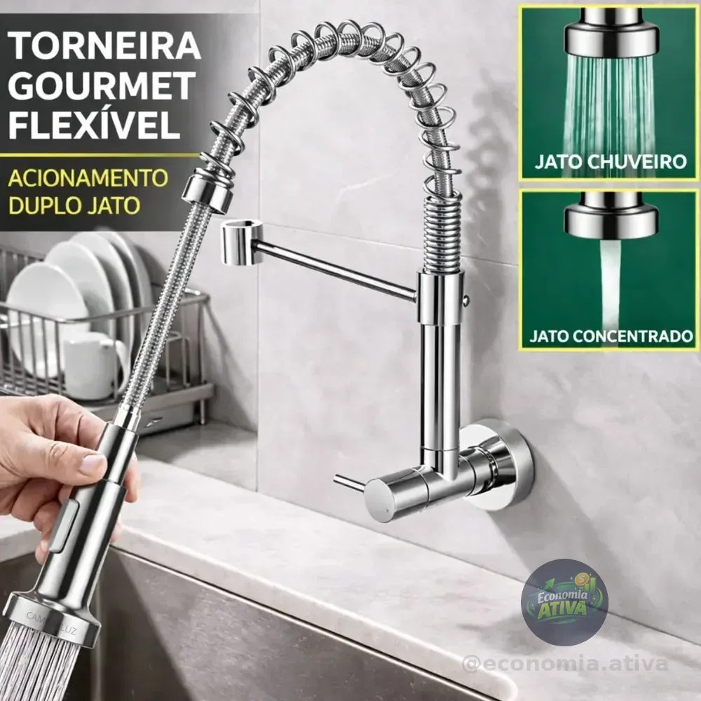 Torneira Monocomando Cozinha Aço Bica Gourmet Parede Flexivel Pia Linha Alto Padrão Cor Prateada - Marca Camperluz Instalação Na Parede