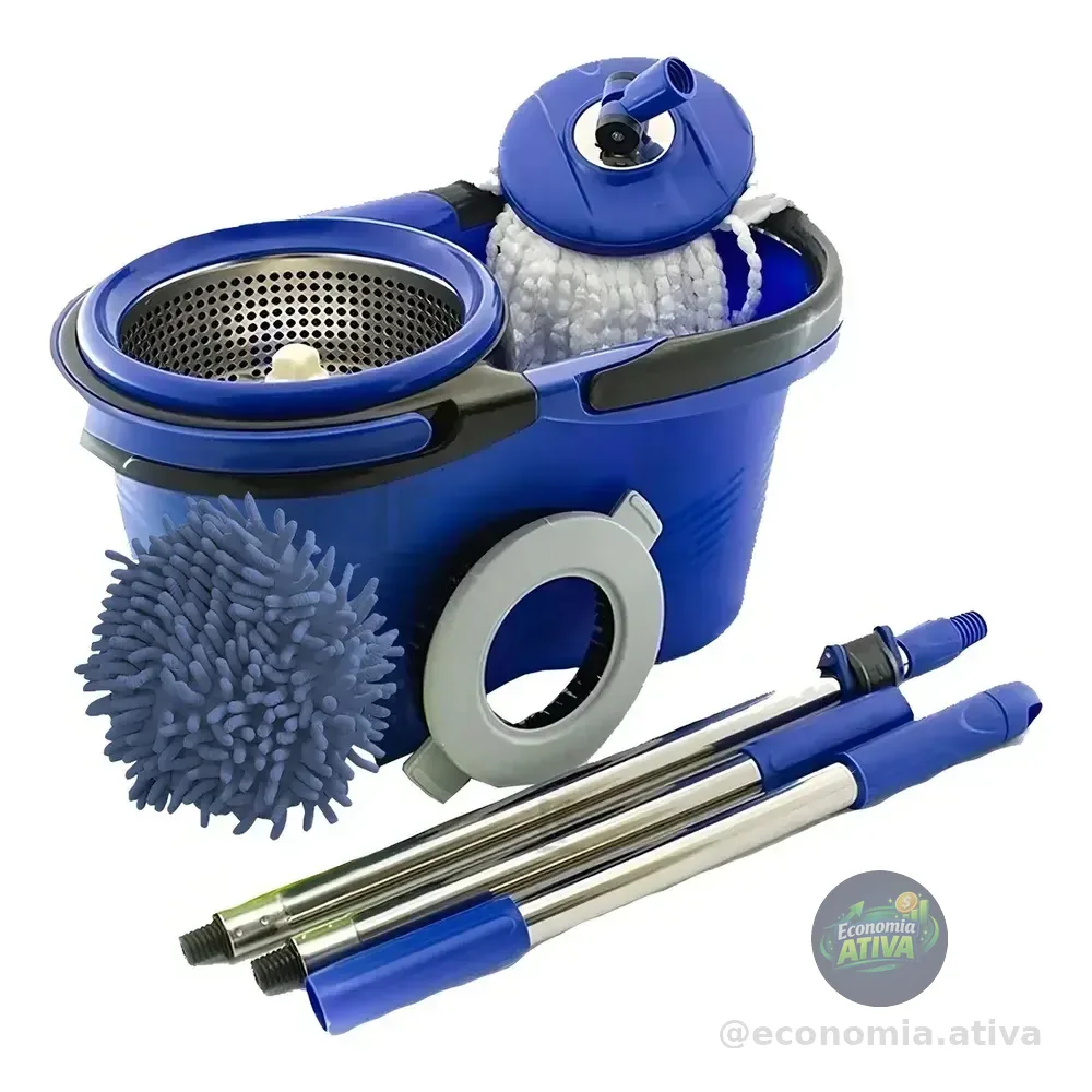 Esfregão Perfect Pro Mop 360° Balde Inox Cabo Longo Microfibra 16l Azul