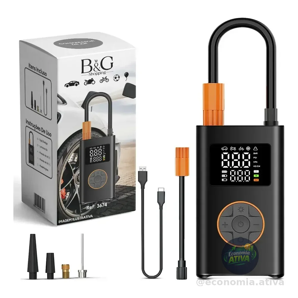 Compressor De Ar Portátil Digital B&g Bg-17 Usb-c Preto 150 Psi Bivolt Cinza-escuro 127/220v 60 Hz Monofásica