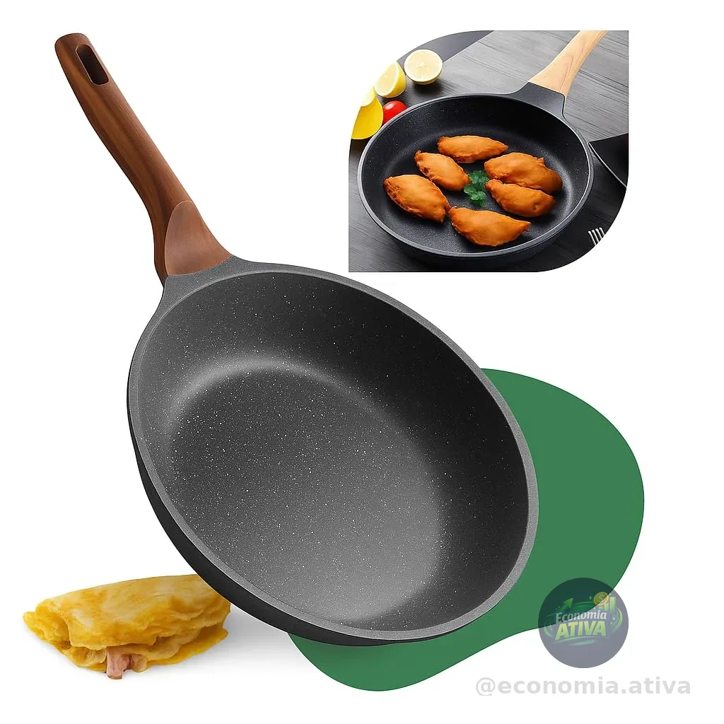 Frigideira Grande 24cm Em Cerâmica Cabo De Madeira Fundo Indução Fogão a Gás
