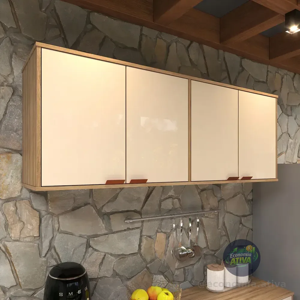 Armário Suspenso Aéreo Para Cozinha 4 Portas Off White - Design Nórdico Funcional, Compacto E Moderno, Estilo Industrial Com Amplo Espaço Interno - Modelo Capuleto