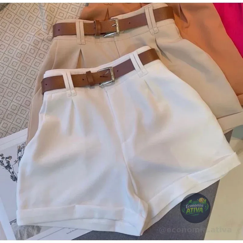 Short Feminino Alfaiataria Social com Cinto Cintura Alta PROMOÇÃO