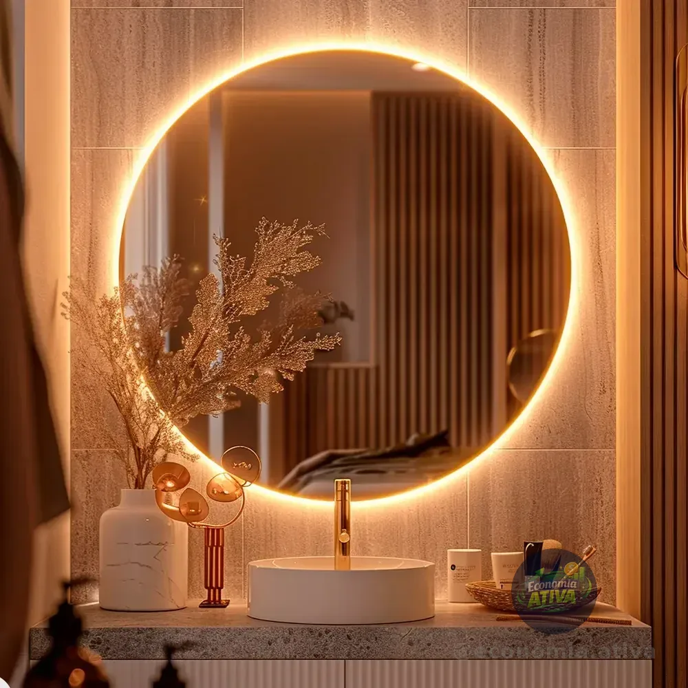 Espelho Redondo 50cm C/ Led Para Parede Quarto Banheiro Sala Moldura Redondo 50cm Led Quente