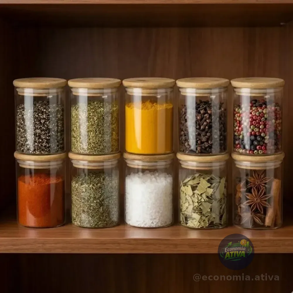 Kit 10 Potes De Mantimentos Herméticos Bambu 200ml Redondo De Vidro Tampa Vedação Alimentos Pítia Transparente
