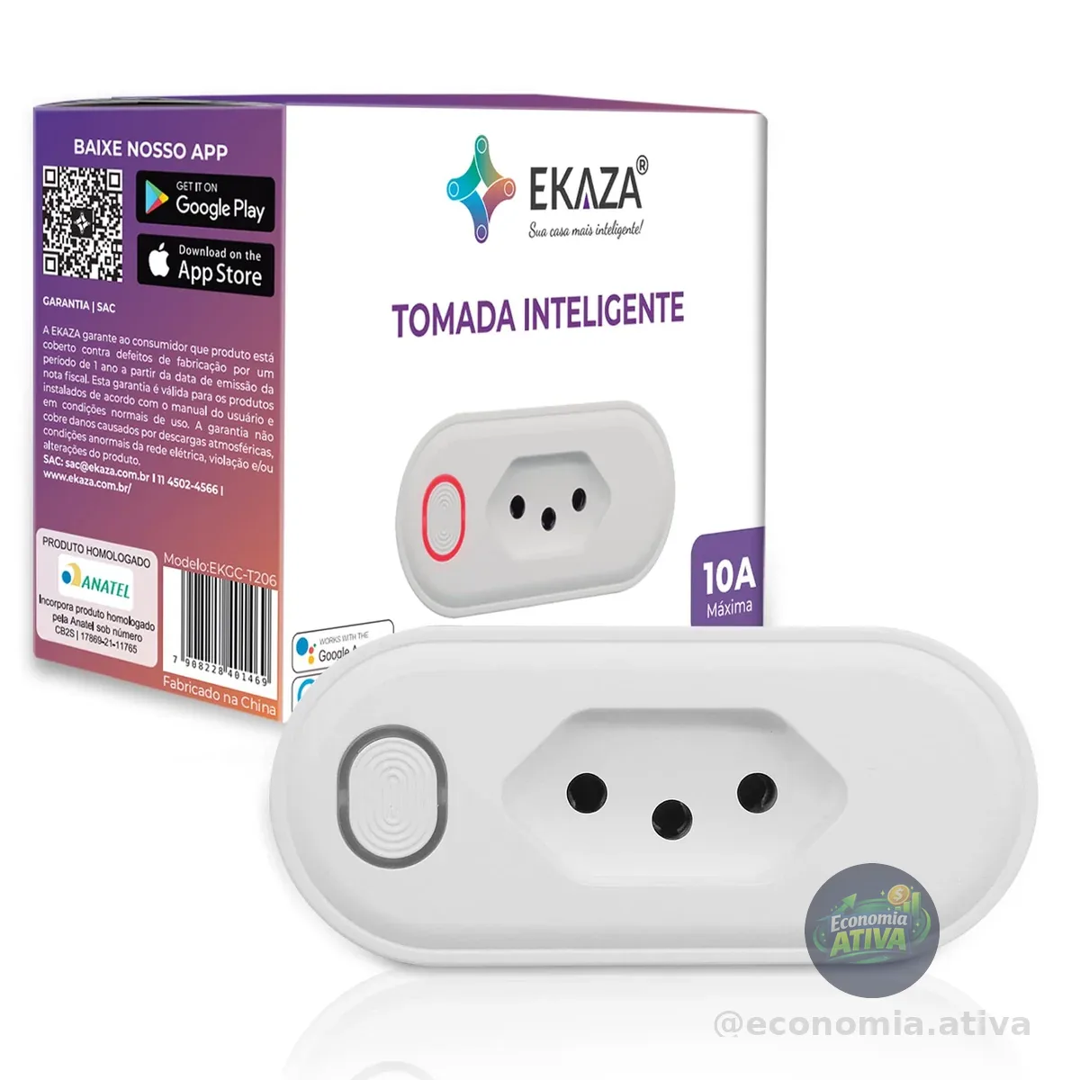 EKAZA TOMADA INTELIGENTE 10A, WI-FI, COMPATIVEL COM GOOGLE ASSISTENTE E ALEXA – T206