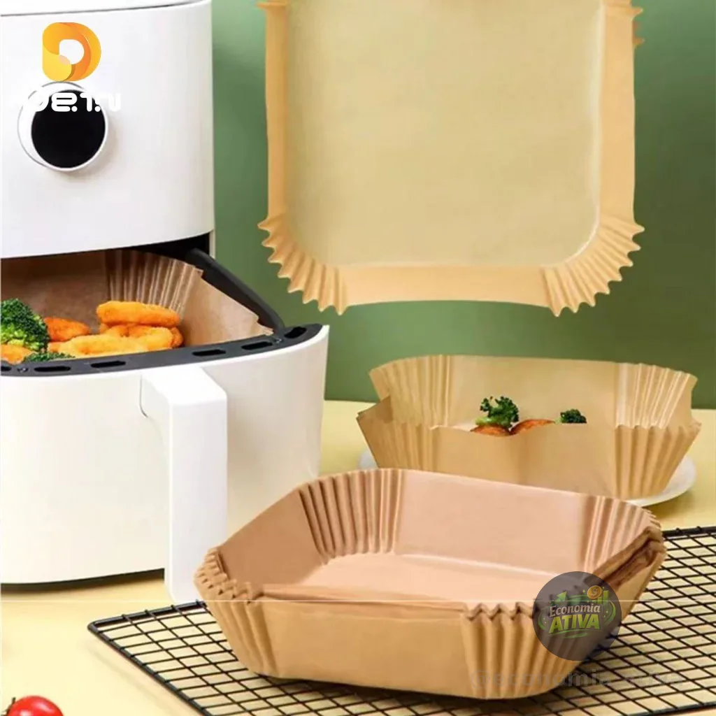Kit 100 forma de airfryer descartavel antiaderente de papel cozinha quadrado fritadeira cozimento