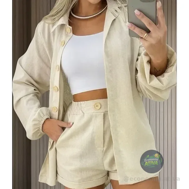 Conjunto Linho Feminino Camisa E Short Linha Premium