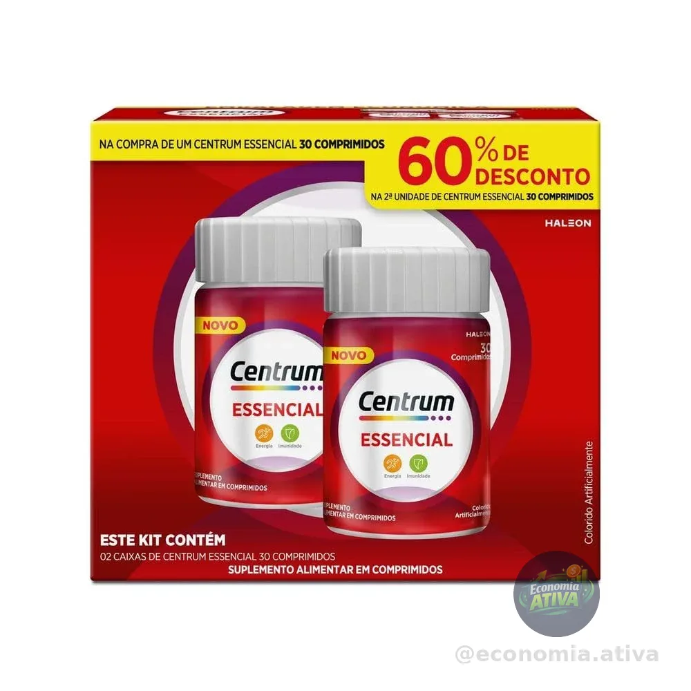 Centrum Essencial Multivitamínico Diário, com Complexo B, Vitamina D, e Magnesio, 2 Frascos com 30 Comprimidos cada