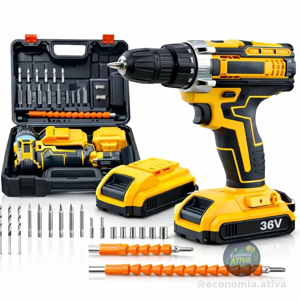 Furadeira e Parafusadeira de Impacto Sem Fio com LED 2 Baterias Recarregáveis Bi-volt e Acessórios Maleta Completa para Uso Profissional e Doméstico Linha Premium
