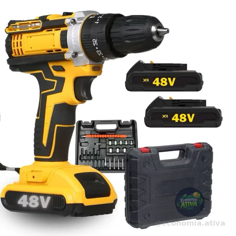 Parafusadeira Furadeira de Impacto a Bateria Recarregável Sem Fio 48v 2 Baterias Com Maleta Completo