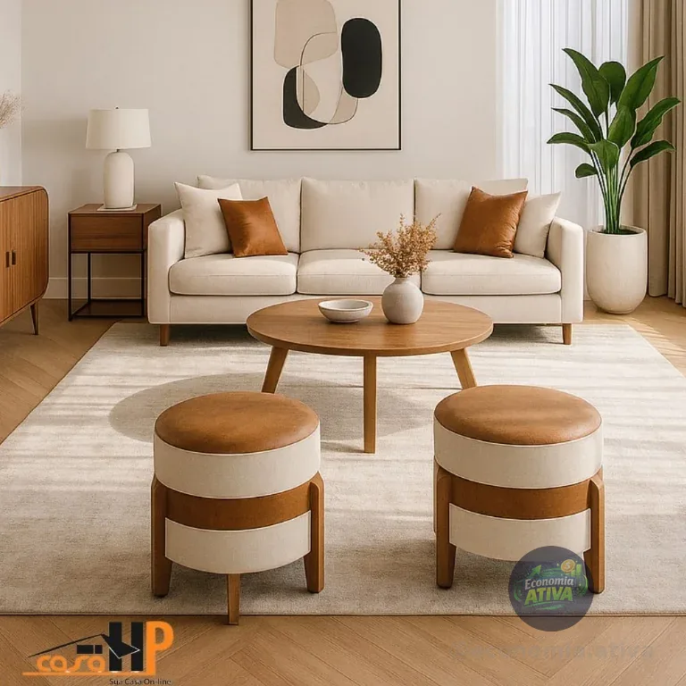 Kit Puff Apolo Linho pés madeira 2unidades banco banqueta envio imediato