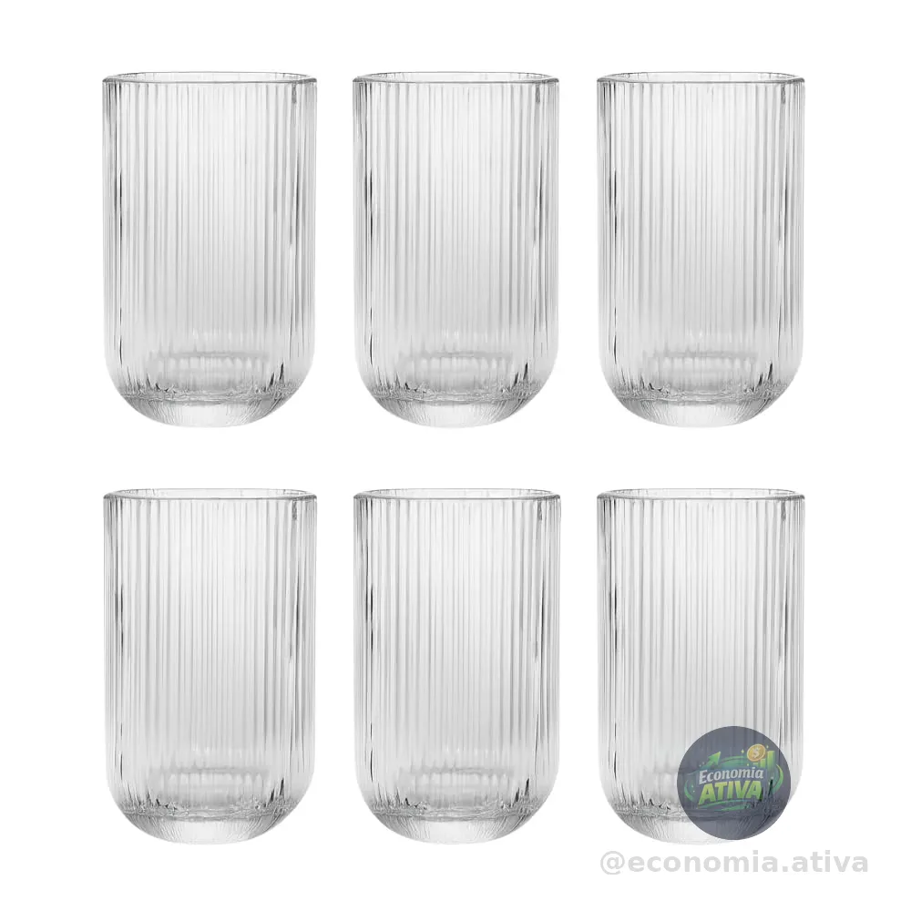 Jogo com 6 Copos de Vidro Canelado 423ml Design Elegante e Resistente Ideal para Suco Água Refrigerante Drinks e Café Transparente para Cozinha Bar e Restaurante