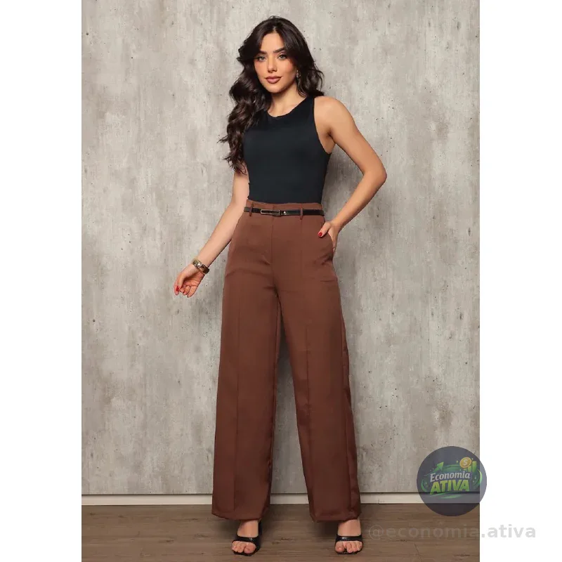 Calça Pantalona Alfaiataria Feminina com Cinto Cintura Alta Social Envio Imediato