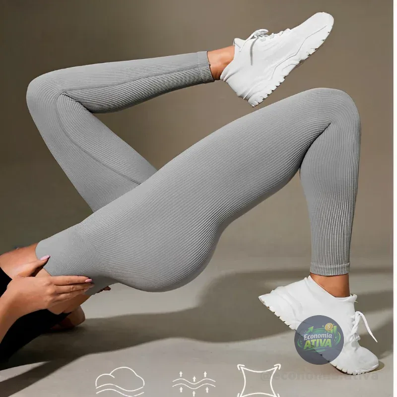 Calça Legging Canelada de Cintura Alta Sem Costura para Academia Feminina, Elástica e Fitness
