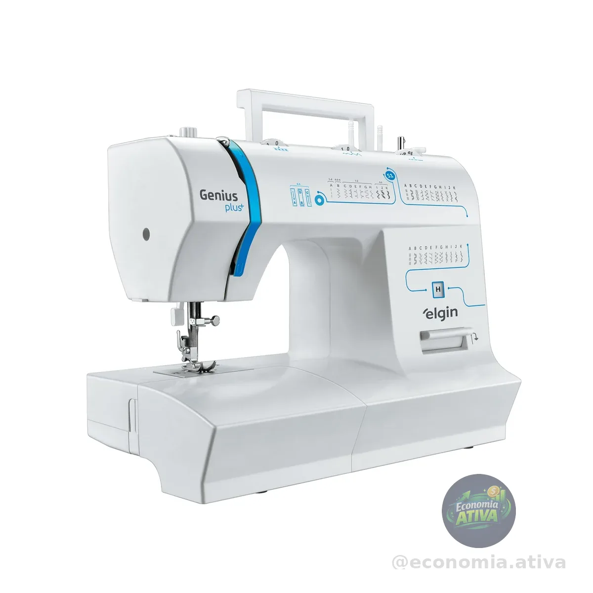 Máquina de Costura Genius Plus Elgin Portátil 31 pontos Agulha Dulpa Branco e Azul 110V