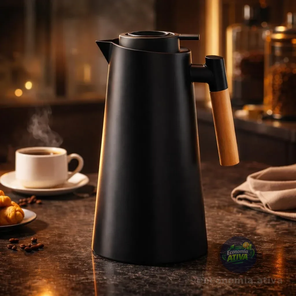 Garrafa Térmica 1L Premium – Design Elegante em Preto com Cabo de Madeira | Ideal para Café, Chá e Bebidas Quentes | Mesa Posta Sofisticada