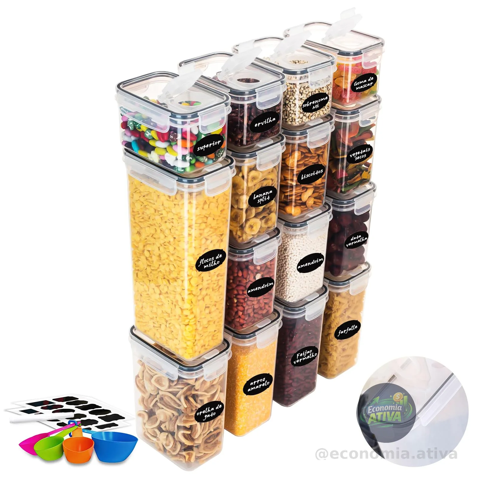 Potes Tampa Hermético Porta Alimentos Mantimentos Armário Cozinha (Kit 15-Versão)