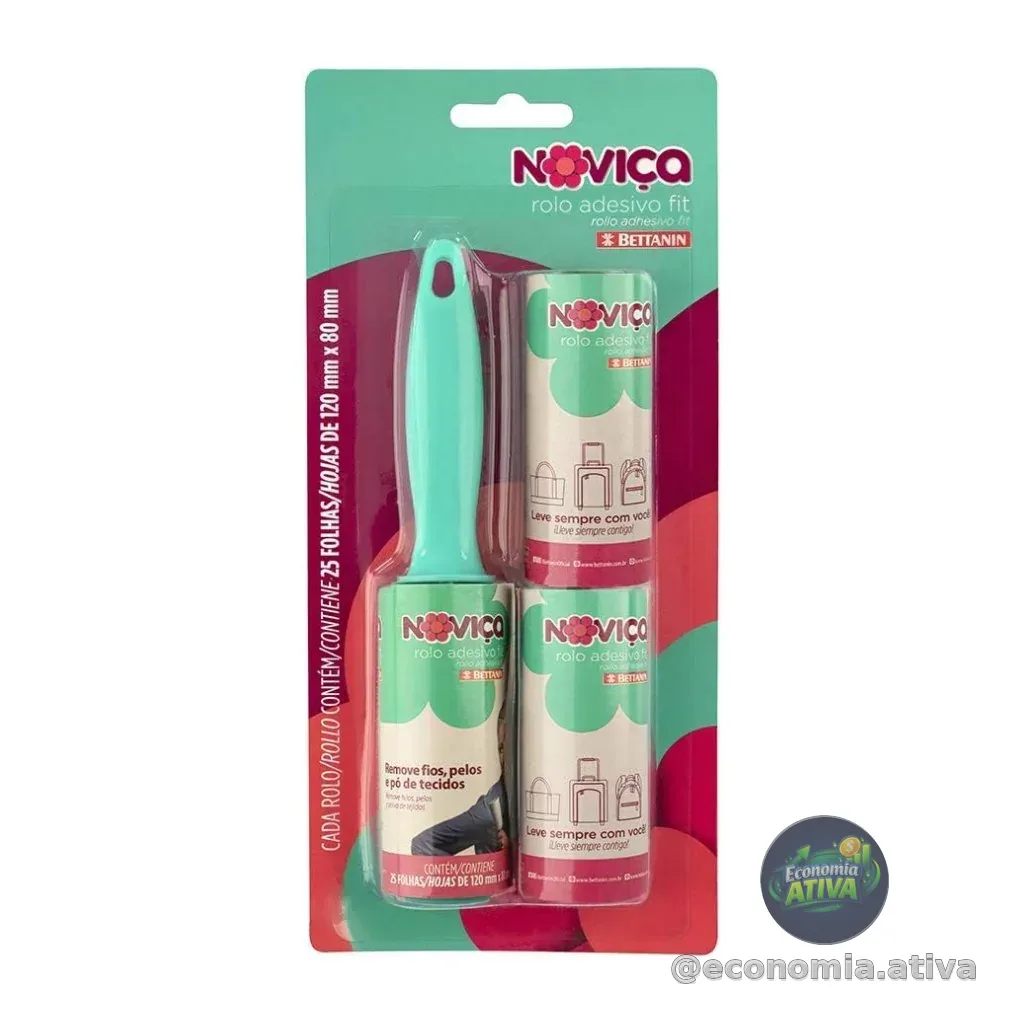 Noviça - Rolo Adesivo Fit com 25 Folhas Tira Pelos, Acompanha 2 Refis, Bettanin