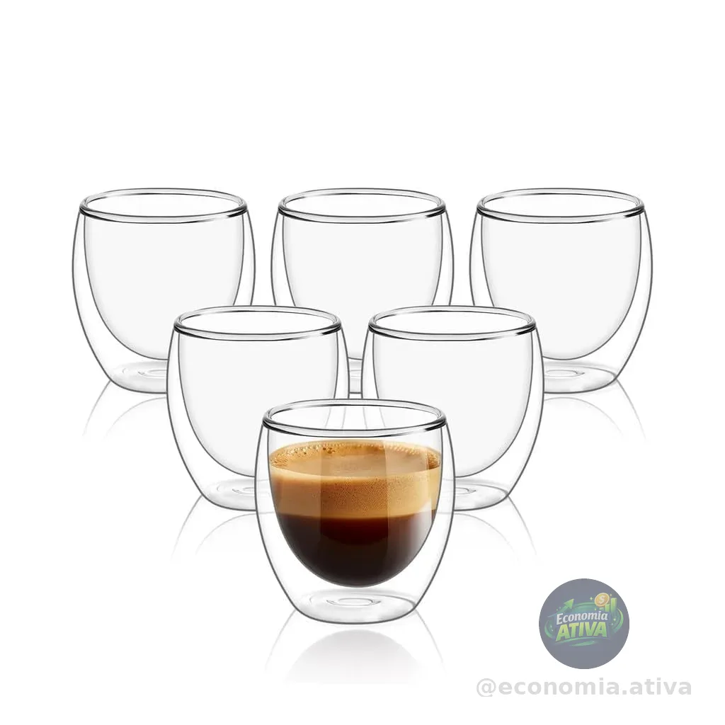 Conjunto com 6 Xícaras de 80ml Vidropara Café de Parede Dupla, Feito de Vidro Borossilicato - Kit de Xícaras para Chá, Café e Bebidas Quentes- Presente Elegante