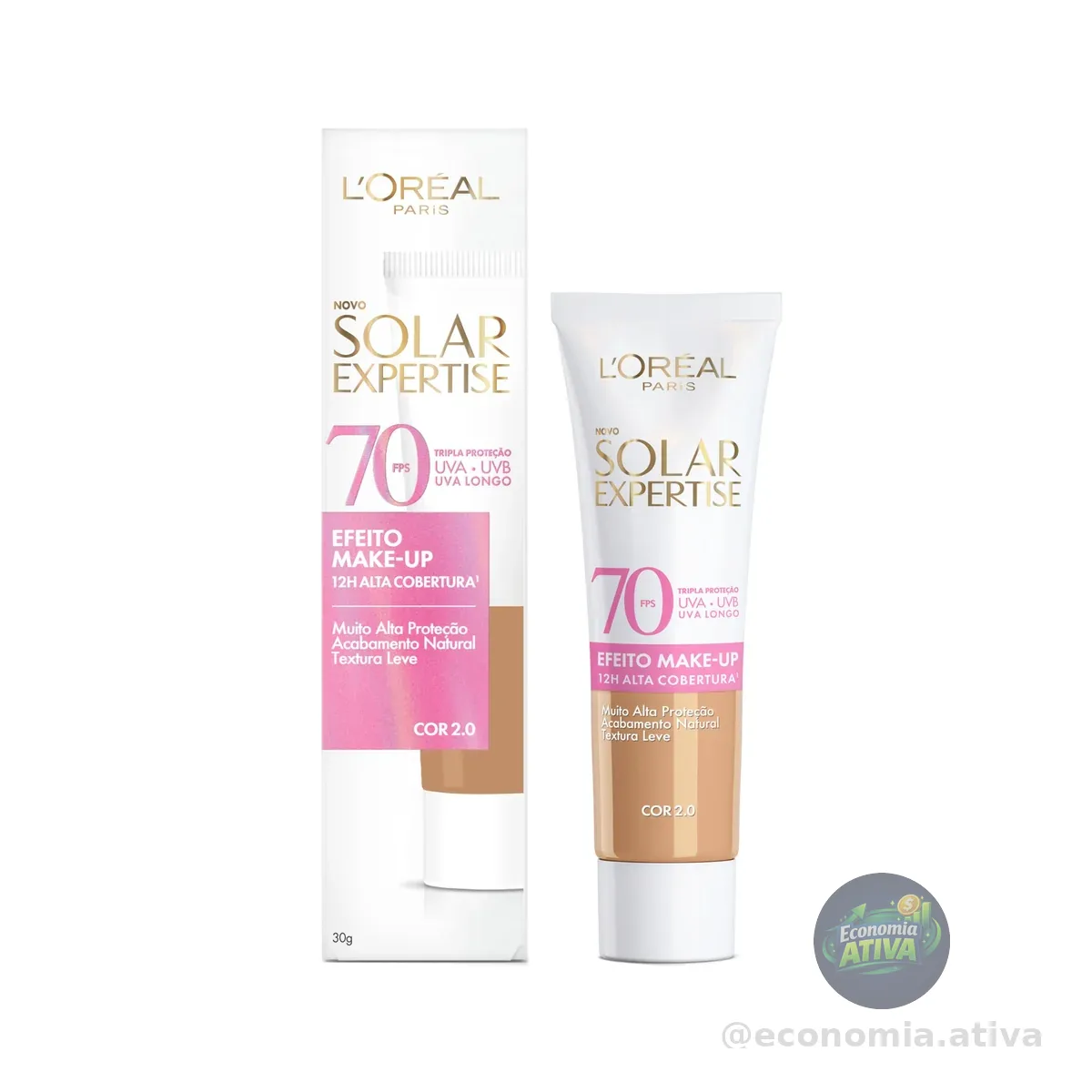 L'Oréal Paris Solar Expertise Efeito Makeup FPS 70, Protetor Solar Facial com Cor e Alta Cobertura de Base por 12H, Previne Rugas e Manchas, Cor 2.0, 40g