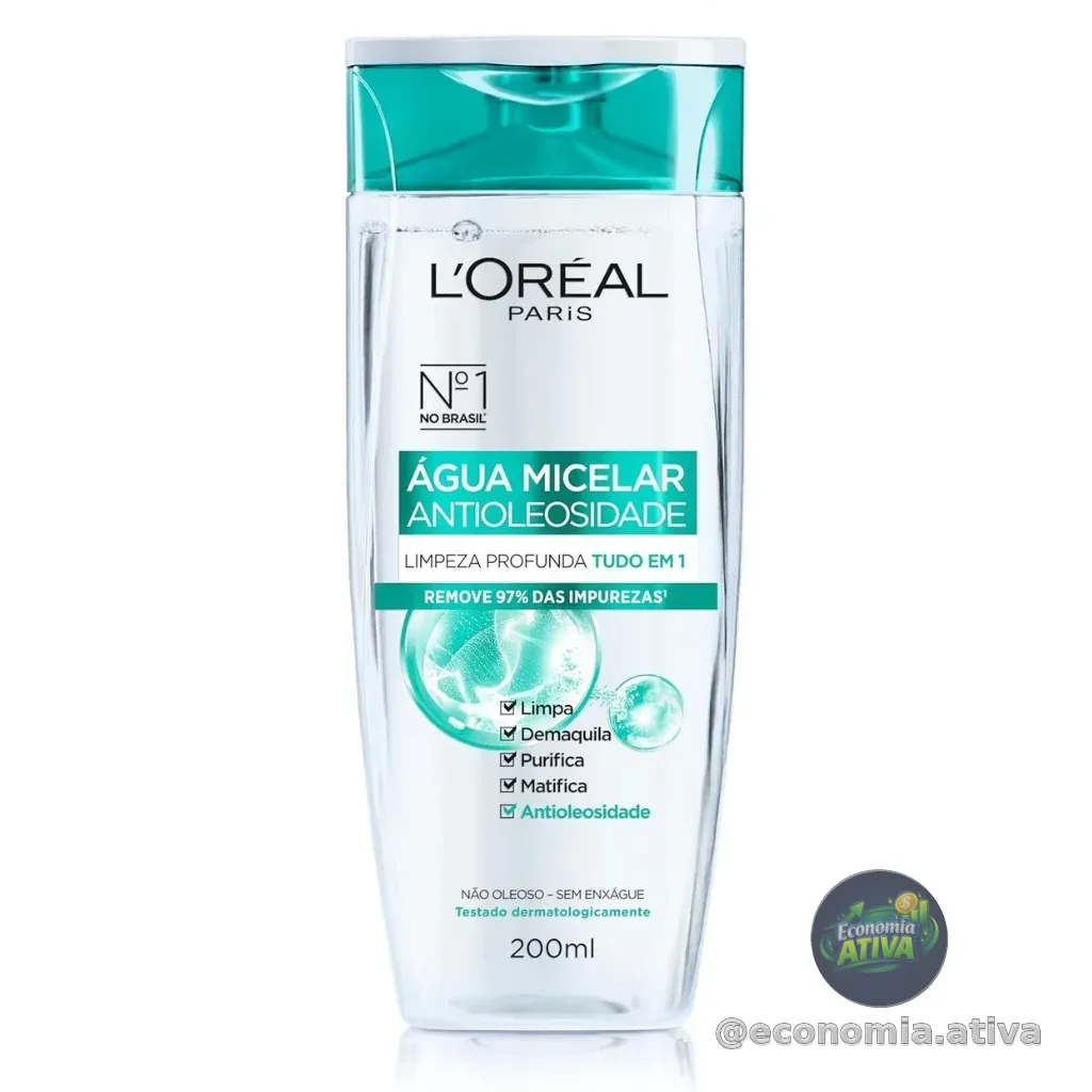 L'Oréal Paris Água Micelar Efeito Matte Solução de Limpeza Facial 5 em 1, 200ml