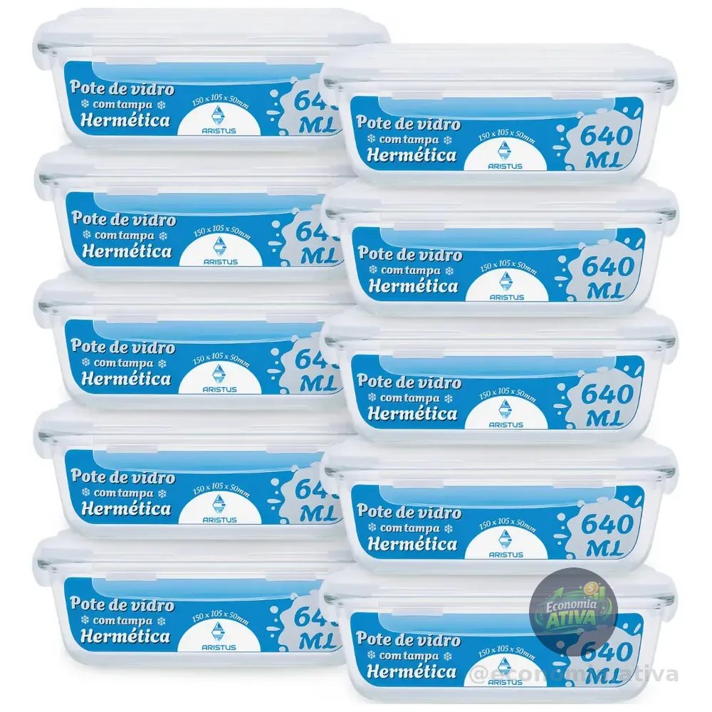 Kit 10 Potes Herméticos Vidro Aristus 640ml 4 Travas Cozinha Branco