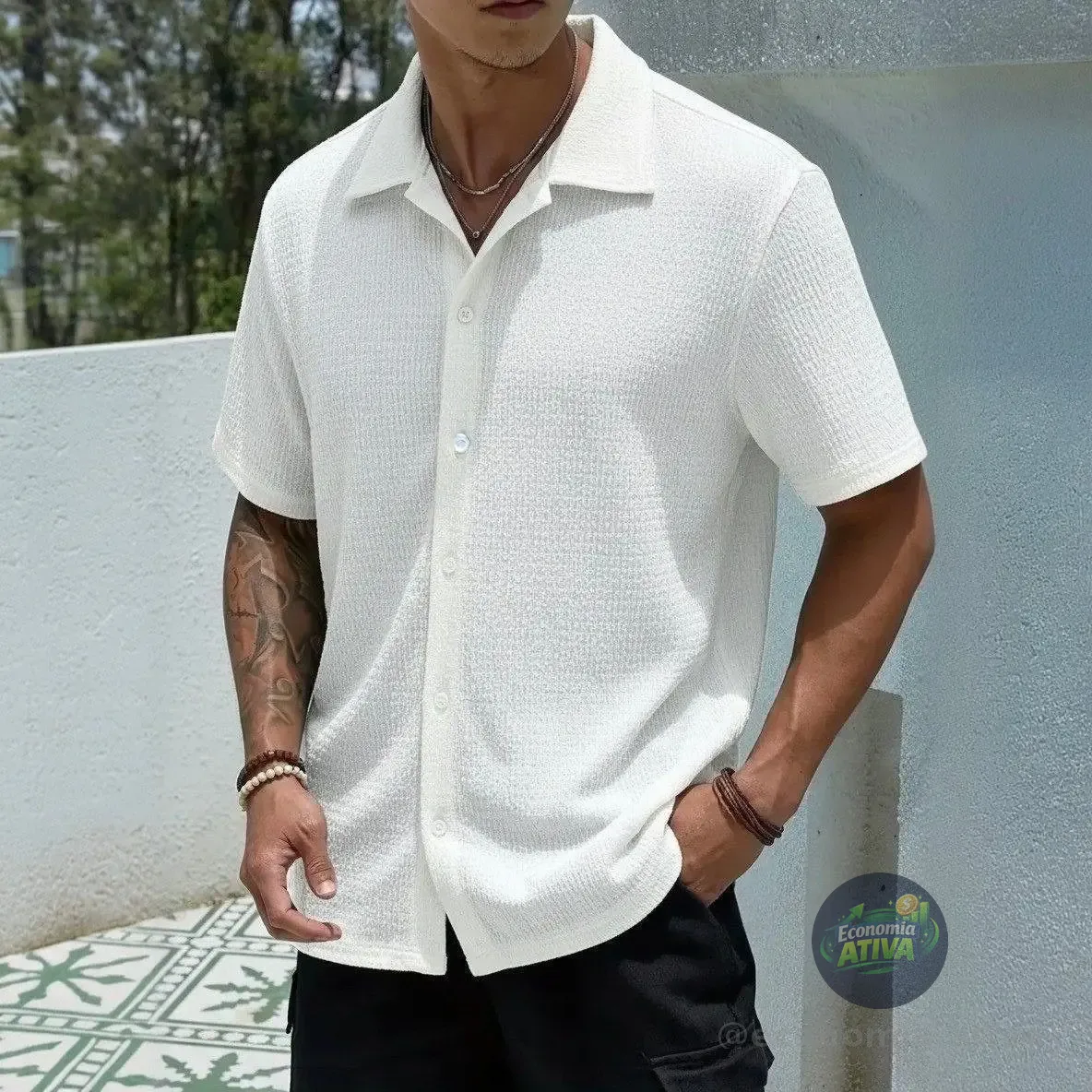 Camisa Casual Masculina Texturizada Com Botões Old Money Damasco Texturizado M