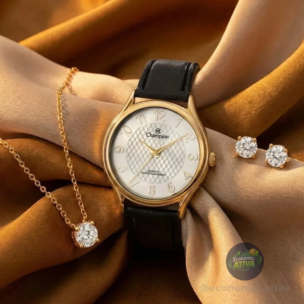 Kit Relógio Champion Feminino Dourado Couro