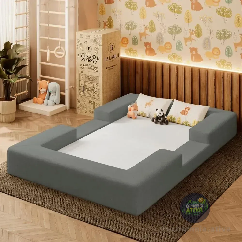 Cama Montessoriana Berço Infantil 100% Espuma Vácuo Balaqui Cinza Claro