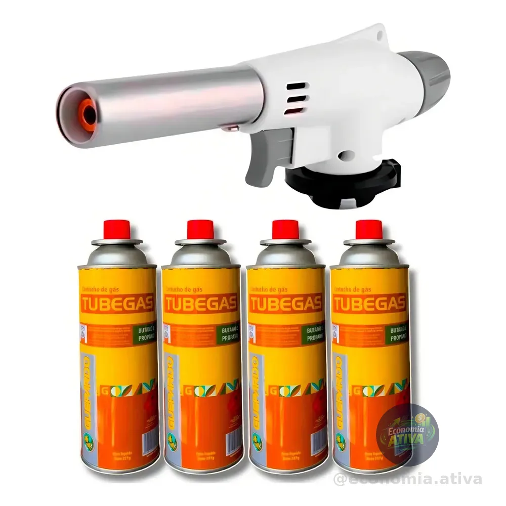 Kit Maçarico Culinário Profissional Starfer + 4 Refil Gás Ntk Amarelo Escuro