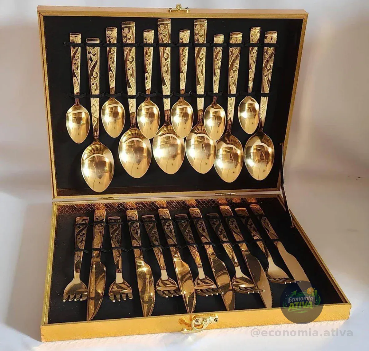 Faqueiro Dourado Kit 24 Pcs Luxo Com Maleta Premium Completo