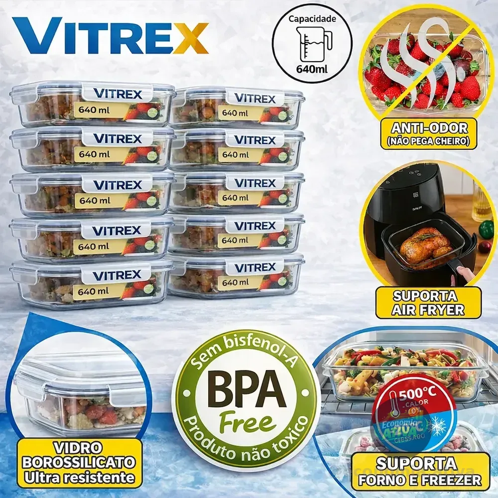 Kit 10 Pote De Vidro Marmita Hermético 640ml Freezer Fitness Vitrex Branco